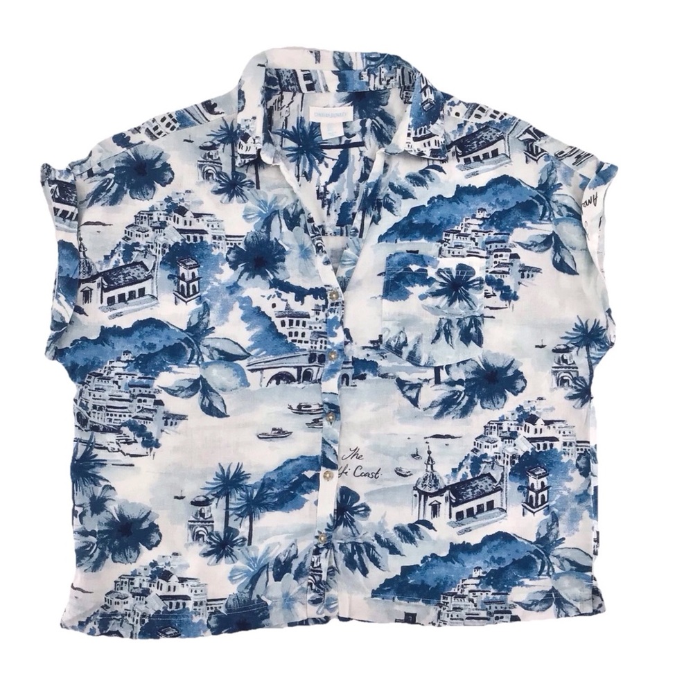 Cynthia Rowley Amalfi Coast Print Button Down Collared Short Sleeve Top Large